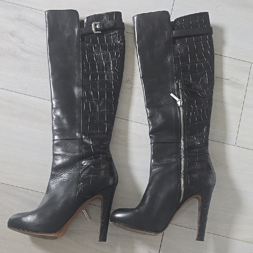 Donald J. Pliner Black Heeled Boots with Crocodile Texture